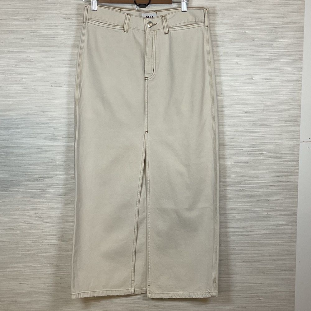 Dala by BDA Neat Organ Cotton Denim Maxi Skirt Ecru Cream High Slit 27